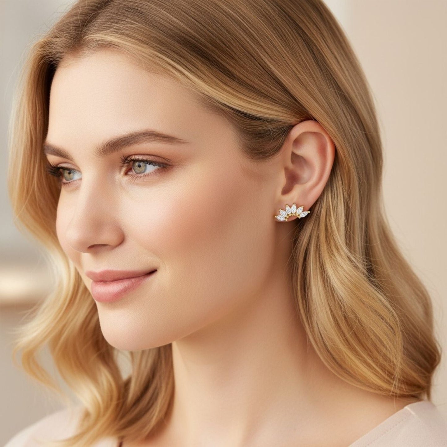 Marquise Fan Cluster Stud Earrings - Sterling Silver Yellow Plated-1