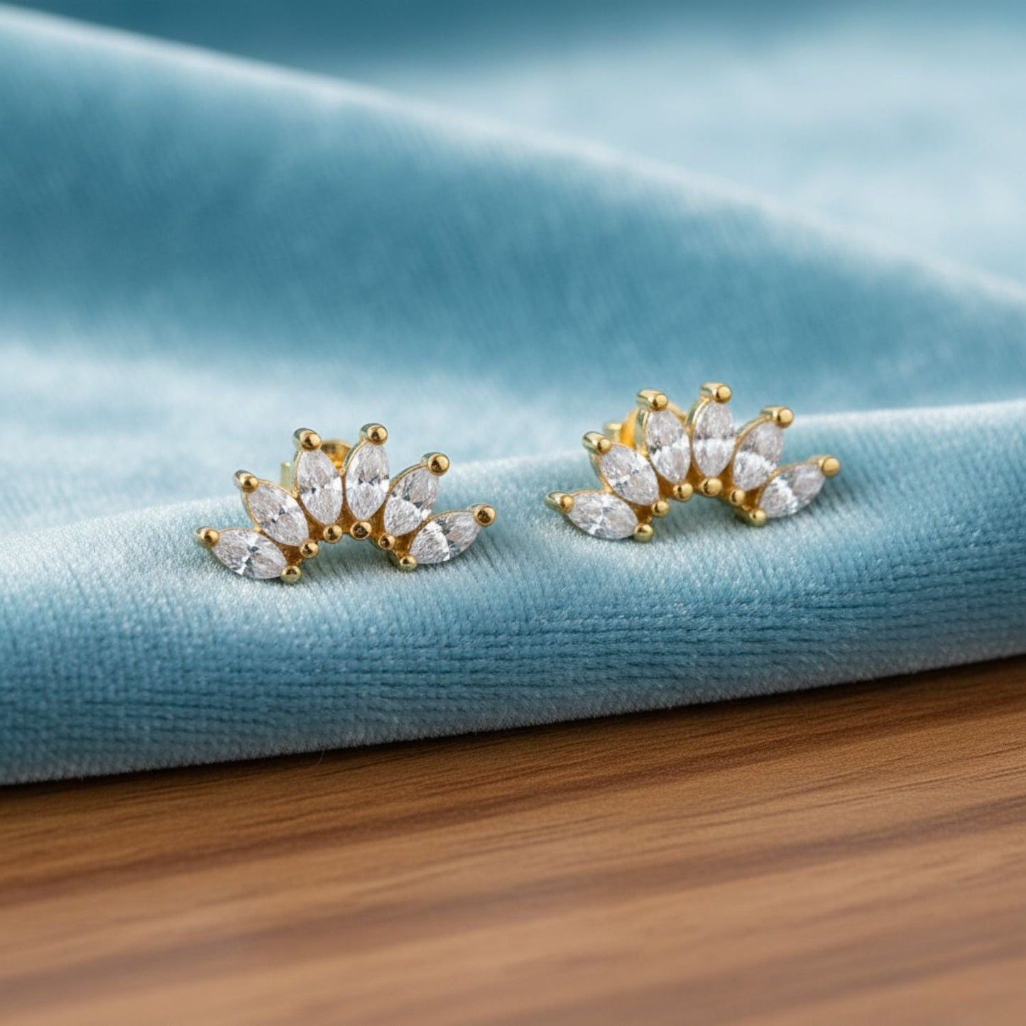 Marquise Fan Cluster Stud Earrings - Sterling Silver Yellow Plated-3