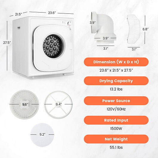 1500W Compact Laundry Dryer with Touch Panel-White-2