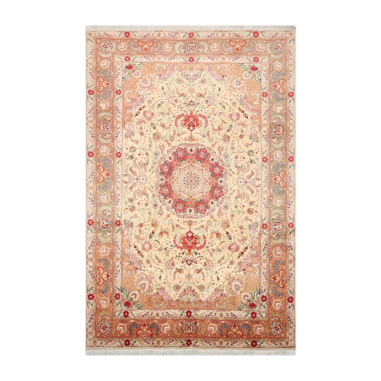 6x9 Hand Knotted Wool and Silk Traditional Tabriz 300 KPSI Oriental Area Rug Ivory, Peach Color-1