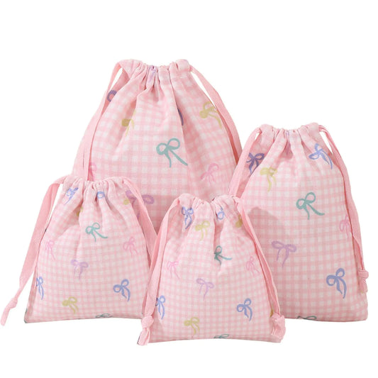 LYDZTION 4pcs Floral Drawstring Makeup Bags Pouches For Purse Small Canvas Cloth Gift Bags Pouch For Cosmetics Jewerlry Home Travel Storage Pink Bow