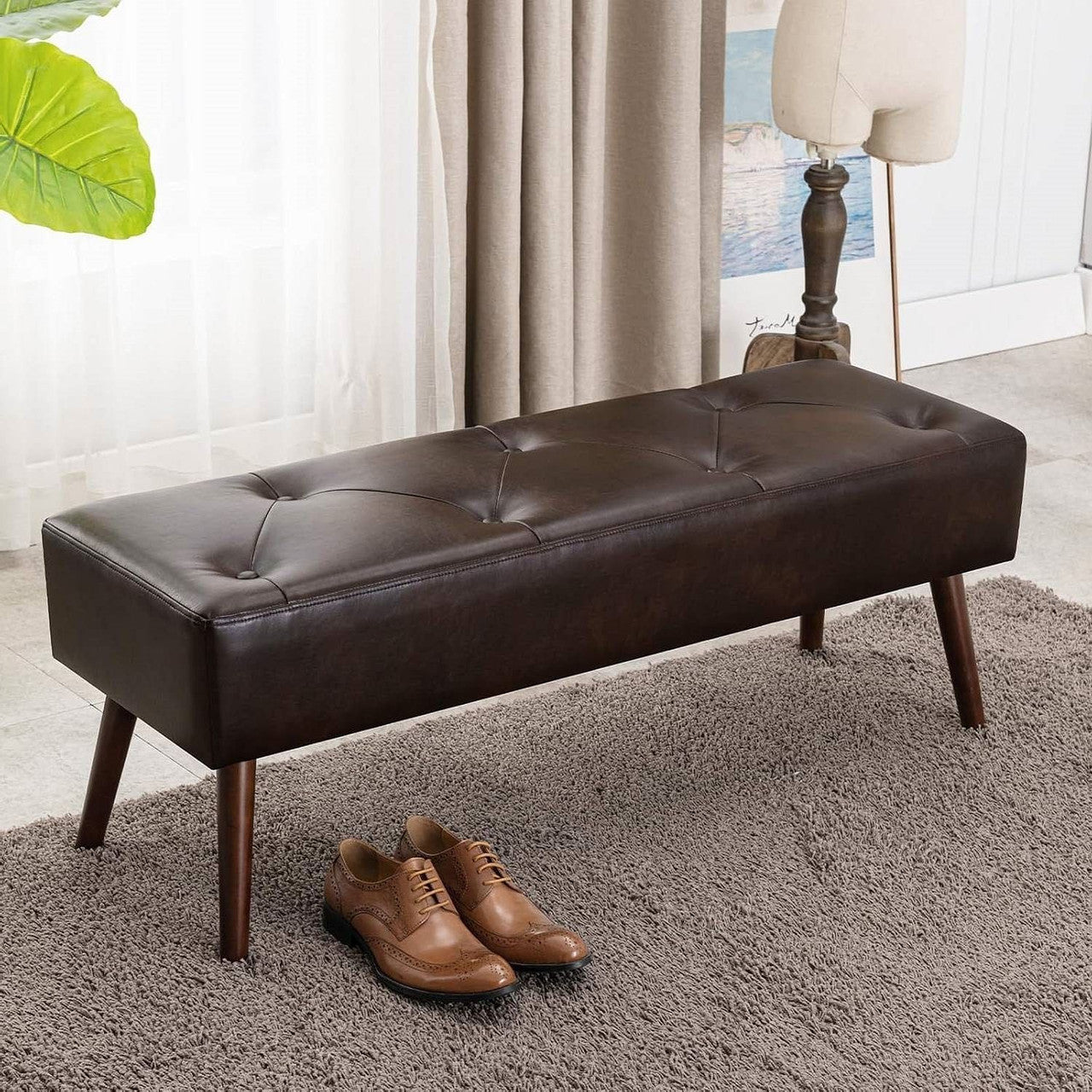 Mid-Century Bed Bench with Dark Brown Leather Upholstered Seat Solid Wood Legs-1