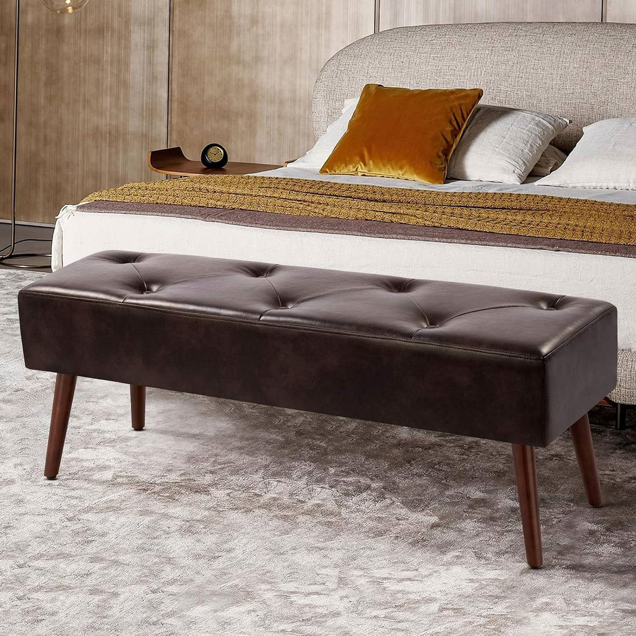 Mid-Century Bed Bench with Dark Brown Leather Upholstered Seat Solid Wood Legs-2