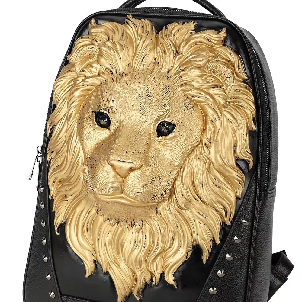 3D Leather Backpack 3D Lion Head Modeling outdoor Backpack Travel Computer Bags Small-1