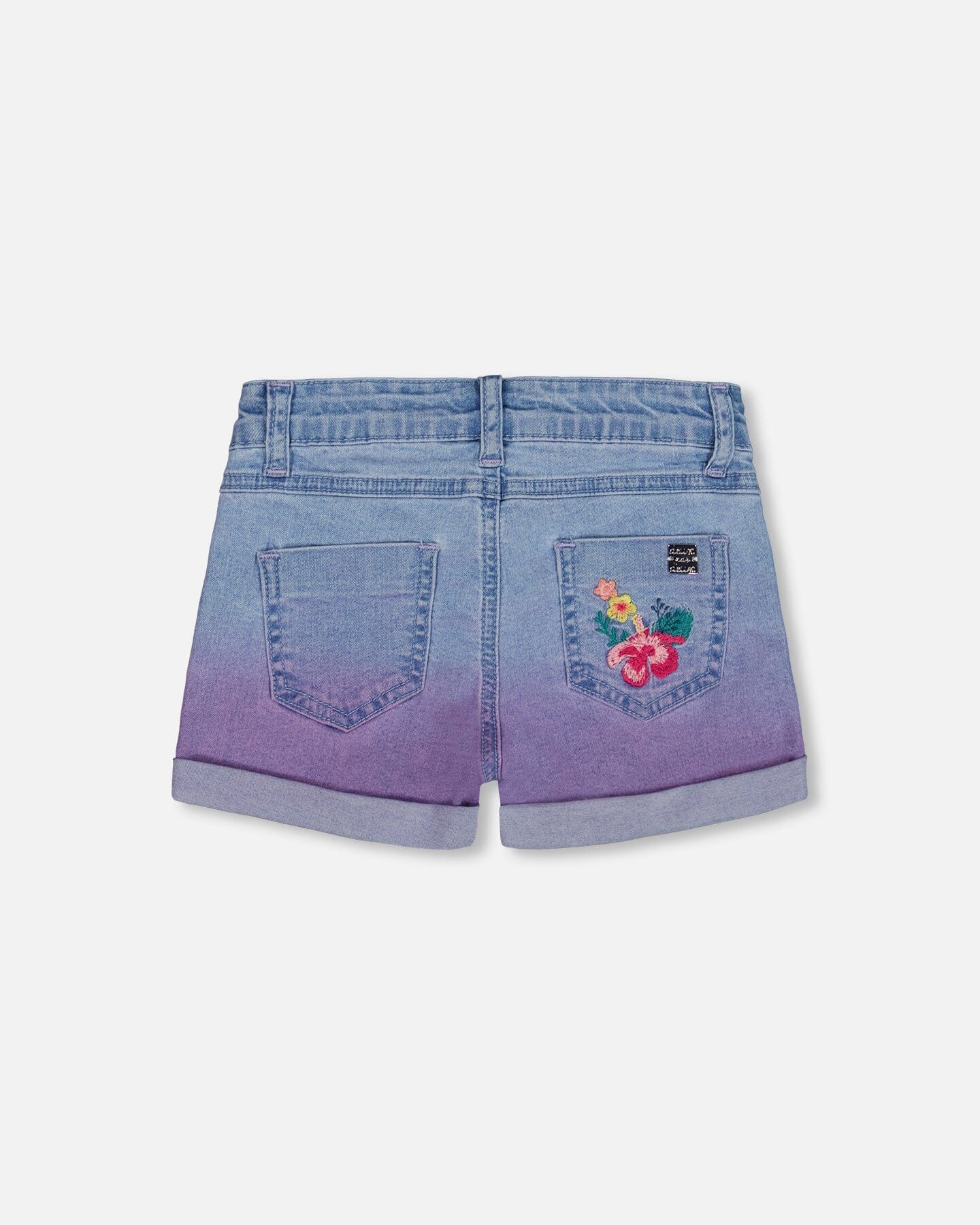 Cuffed Denim Shorts With Embroidery Floral Jeans Blue-4