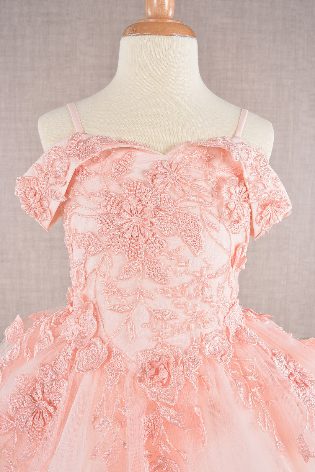 Floral Embroidery Embellished Cut-Away Shoulder Kids Dress-2