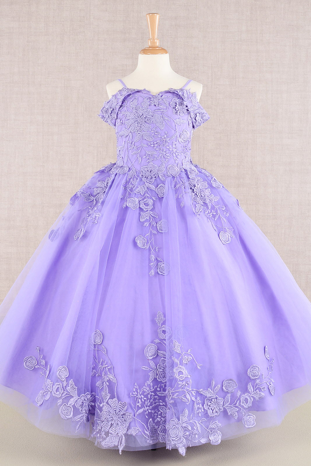 Floral Embroidery Embellished Cut-Away Shoulder Kids Dress-4