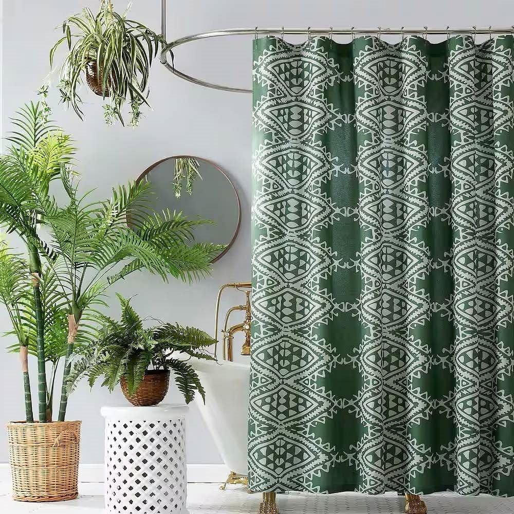 72 x 72 inch Cotton Poly Shower Curtain with Green White Geometric Motif Pattern-1