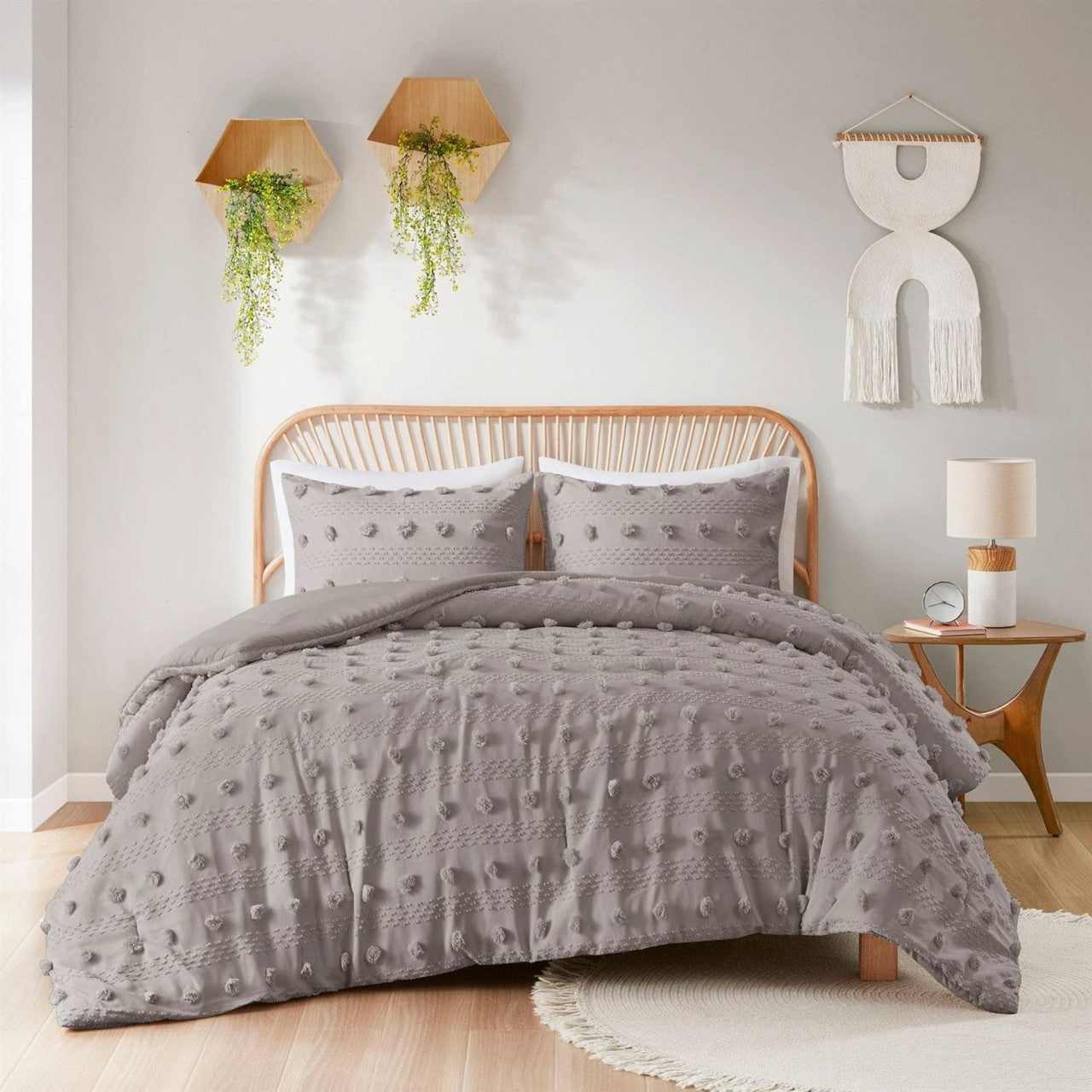 Full/Queen 3-Piece Grey Microfiber Comforter Set with Decorative Pompoms-2