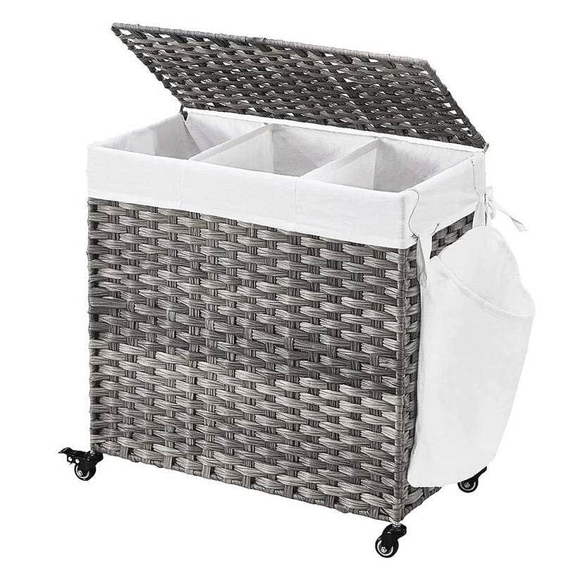 Handwoven Grey PP Rattan 3-Bag Laundry Basket Cart with Cotton Liner on Wheels-2
