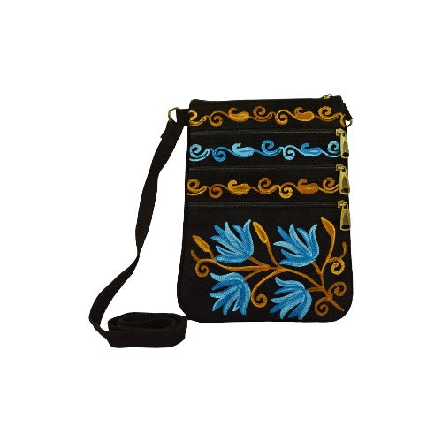 Blue And Black Suede Embroidered Cross-Body Bag-3
