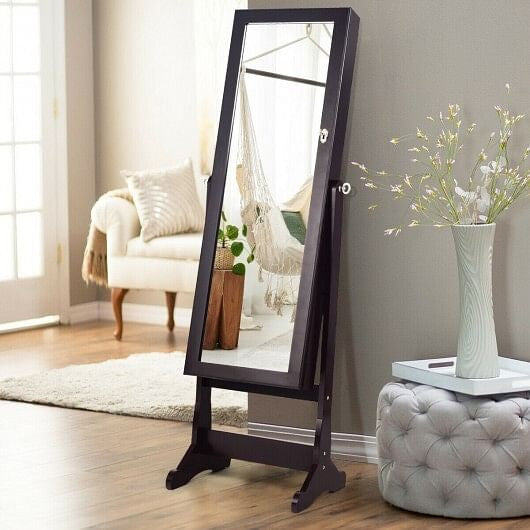 Lockable Mirrored Jewelry Cabinet with Stand and Led Lights-Brown-1