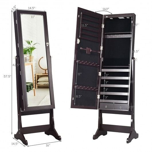 Lockable Mirrored Jewelry Cabinet with Stand and Led Lights-Brown-4