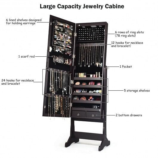 Lockable Mirrored Jewelry Cabinet with Stand and Led Lights-Brown-2