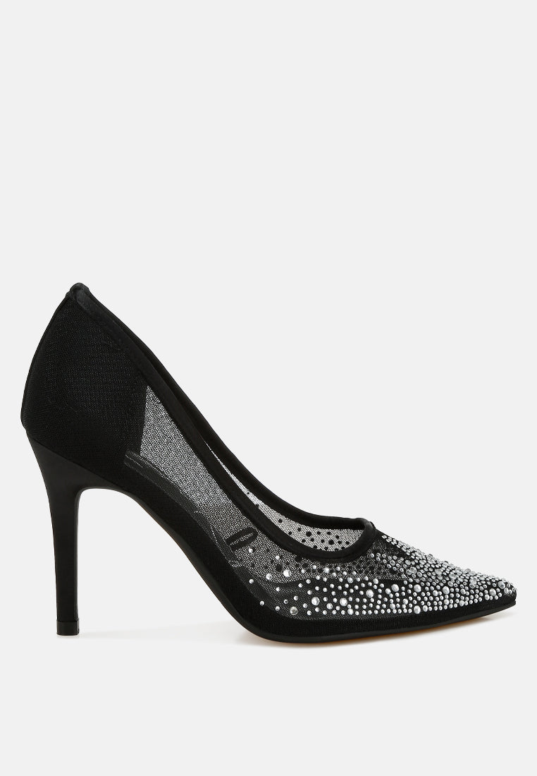 High Ball Mesh Rhinestone Stiletto Pumps-7