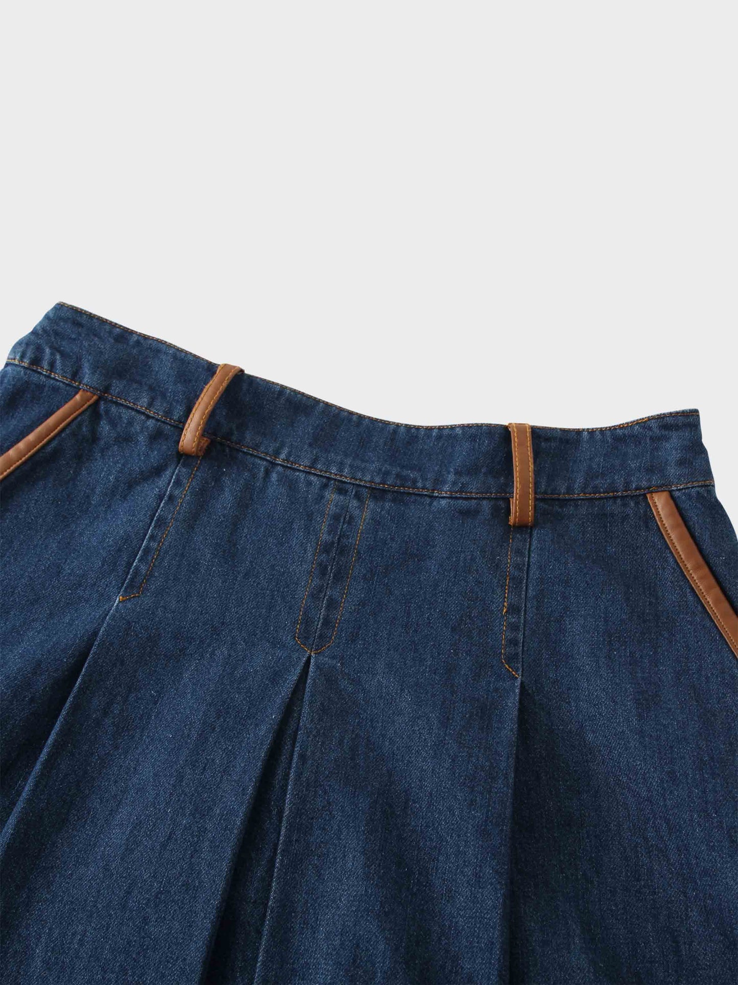 Leather Trim Denim Skirt-Blue-2