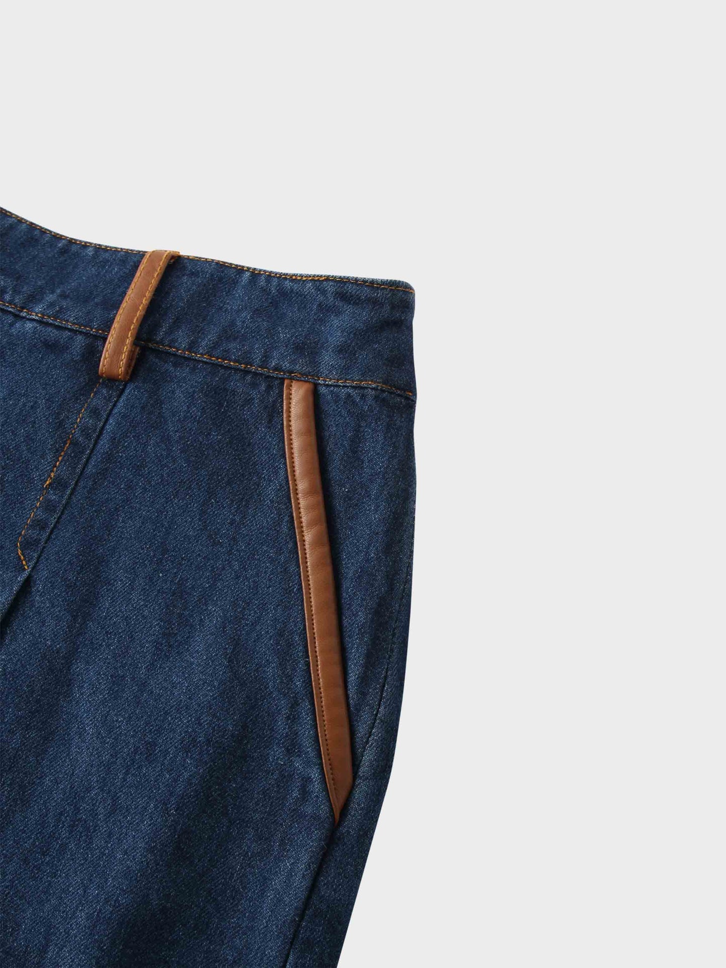 Leather Trim Denim Skirt-Blue-3