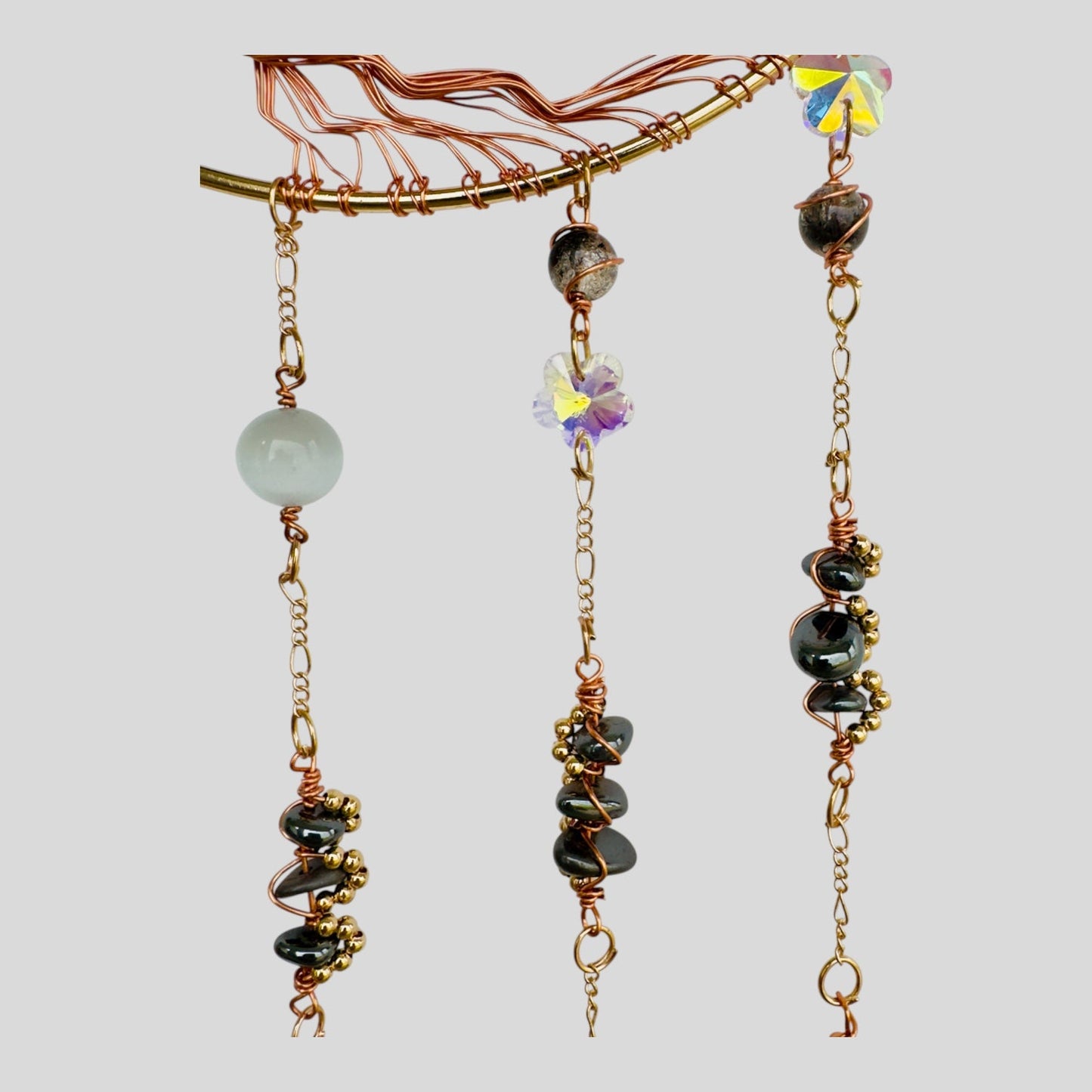 Gold Metal Crescent Moon Dreamcatcher Suncatcher with Black Obsidian Stone Tree of Life & Hanging Jewel Charms-3