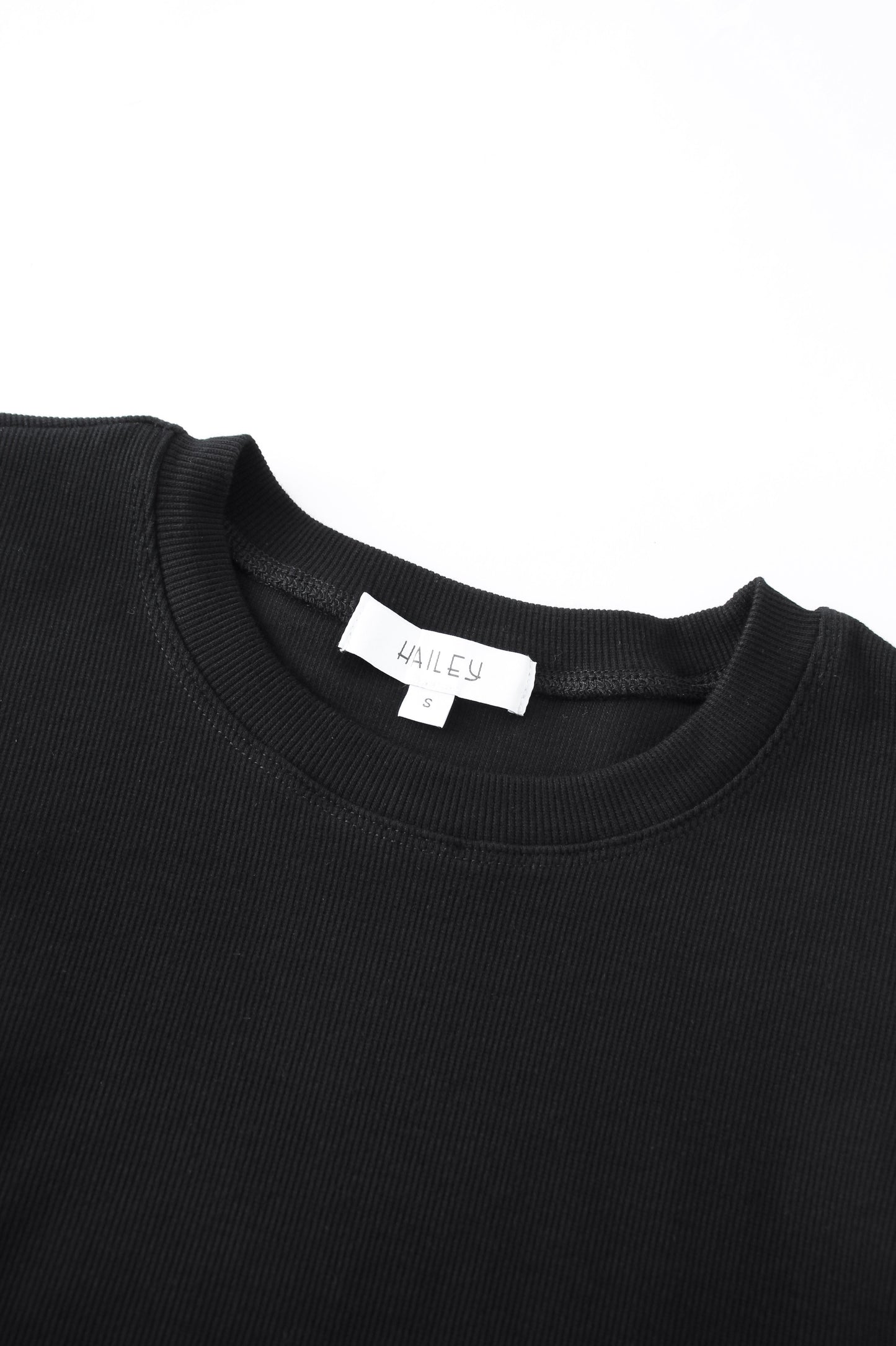 Ribbed Crew Neck Puff Sleeve Top-Black-3