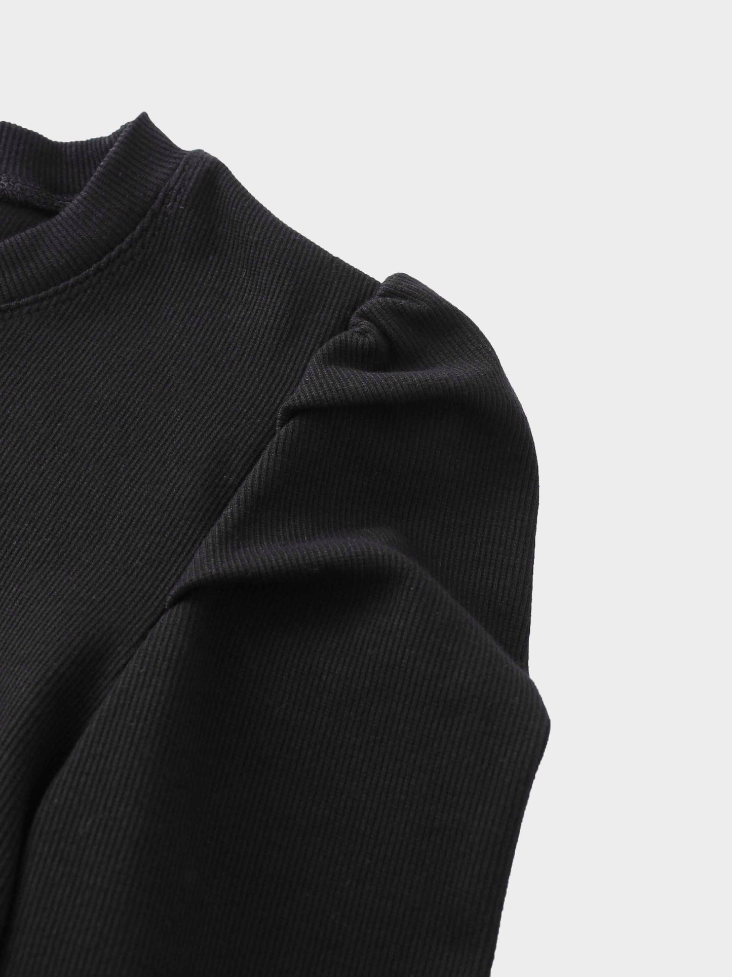 Ribbed Crew Neck Puff Sleeve Top-Black-4