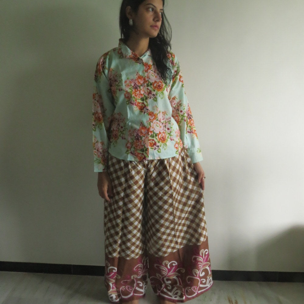 Brown Plaid Wide Legged Elastic Pajamas-4