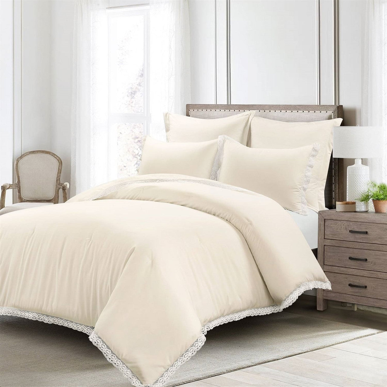 Full/Queen French Country Ivory 5-Piece Lightweight Comforter Set w/ Lace Trim-2