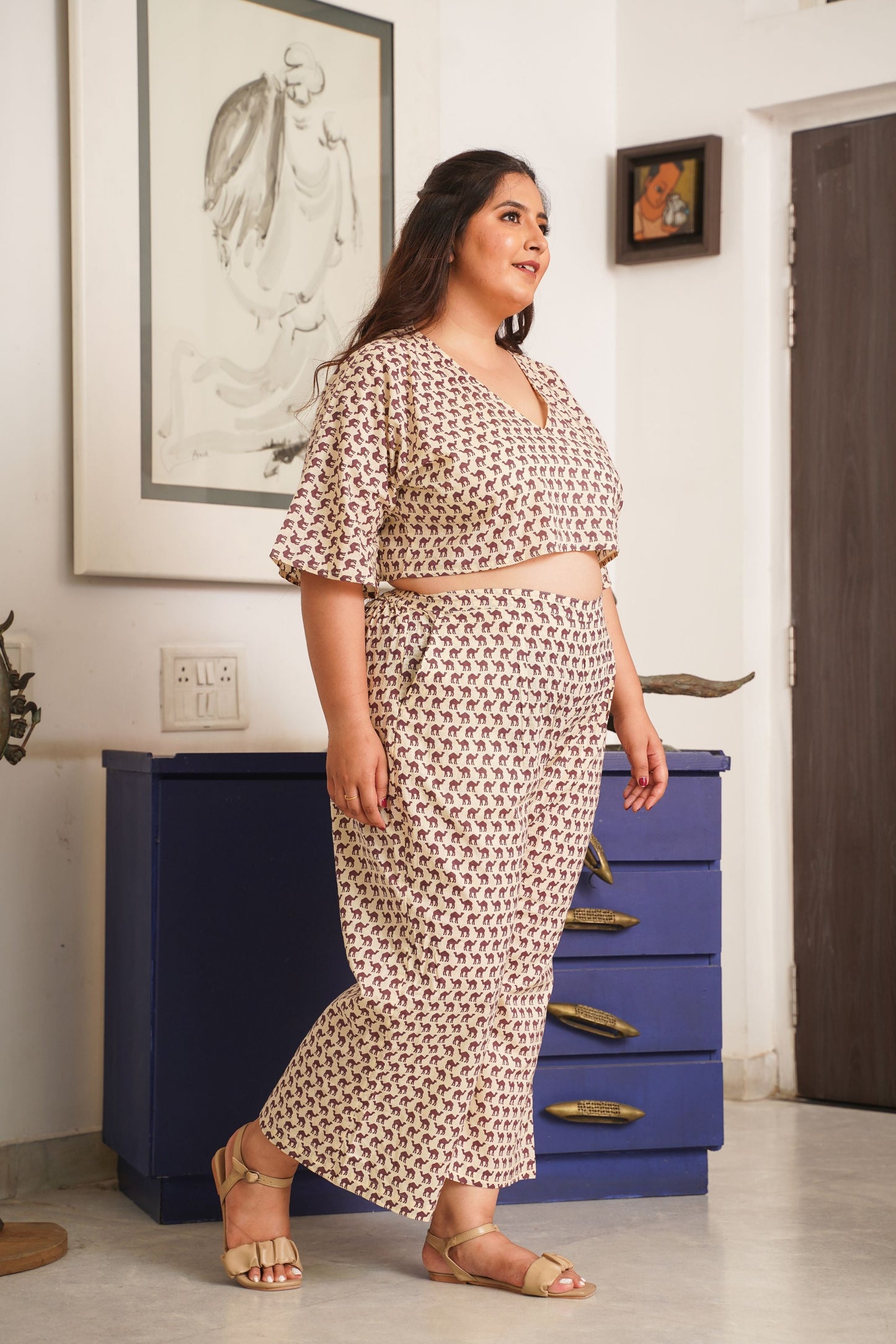 Camel Print Cream Cotton V Neck Co-Ord Set-4