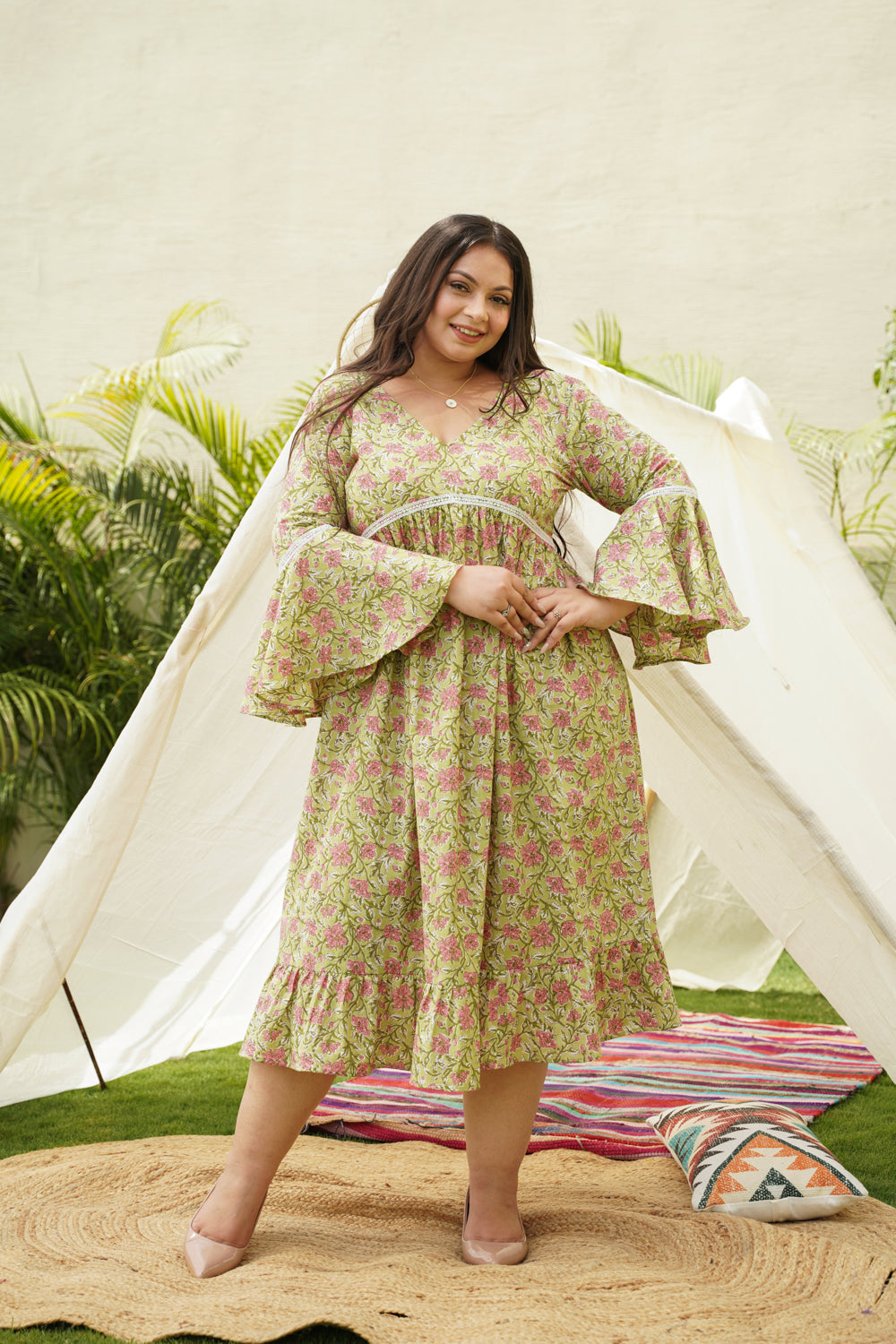 Lime Cotton Floral Ruffle Dress-2