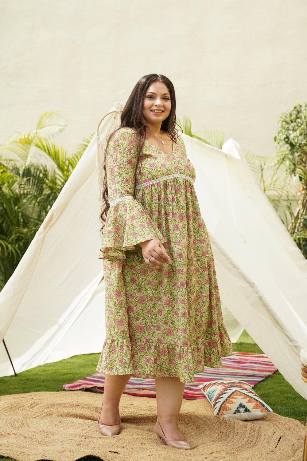 Lime Cotton Floral Ruffle Dress-3