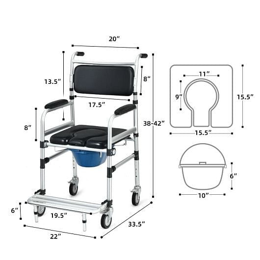 2-in-1 Aluminum Commode Shower Wheelchair with Locking Casters-3