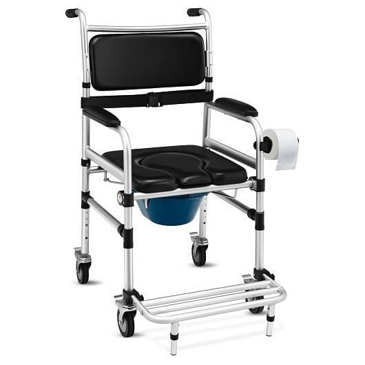 2-in-1 Aluminum Commode Shower Wheelchair with Locking Casters-4