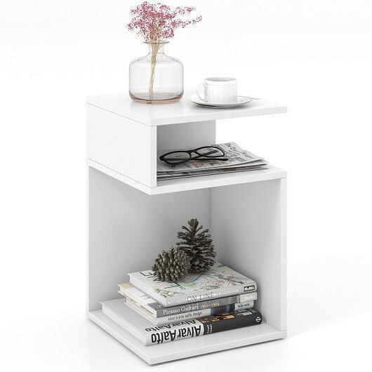 S-Shaped Side Table with Unique S-shaped Frame and 2 Open Compartments-White-4