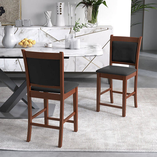 Upholstered Counter Stool Set of 2 with Solid Rubber Wood Frame-Brown-1