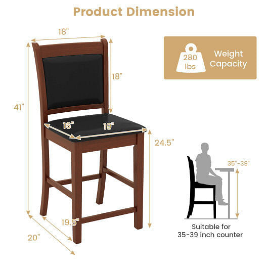 Upholstered Counter Stool Set of 2 with Solid Rubber Wood Frame-Brown-2