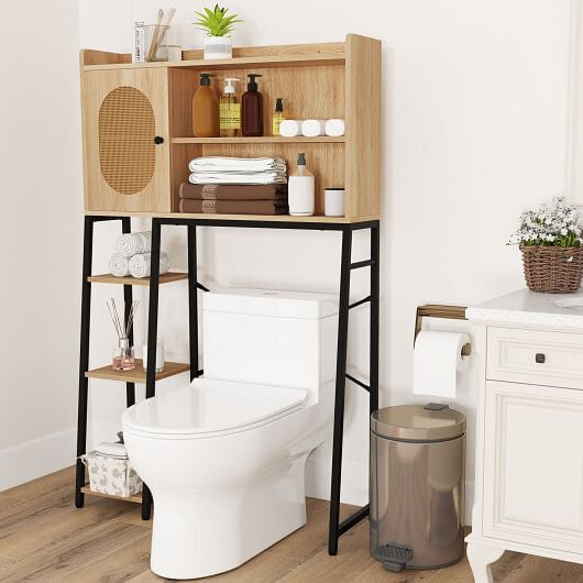 Over The Toilet Storage Cabinet with PE Rattan Door and Open Storage Shelves-Natural-1