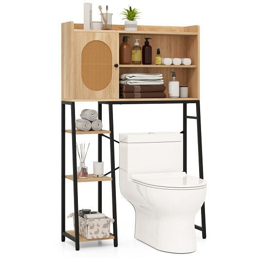 Over The Toilet Storage Cabinet with PE Rattan Door and Open Storage Shelves-Natural-2