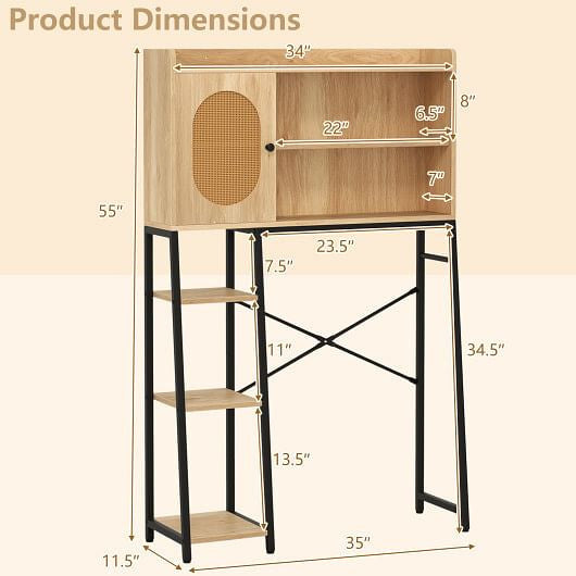 Over The Toilet Storage Cabinet with PE Rattan Door and Open Storage Shelves-Natural-3