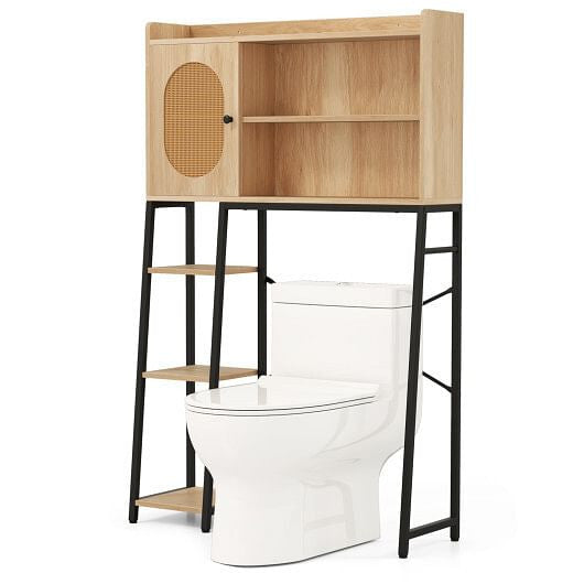 Over The Toilet Storage Cabinet with PE Rattan Door and Open Storage Shelves-Natural-4