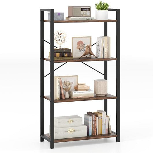 4-Tier Bookshelf with Heavy Duty Metal Frame Industrial Display Shelf-Rustic Brown-2