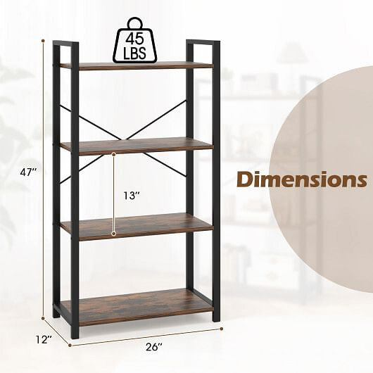 4-Tier Bookshelf with Heavy Duty Metal Frame Industrial Display Shelf-Rustic Brown-3
