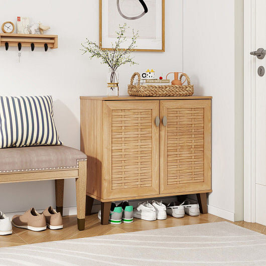 2-Door 4-Tier Shoe Cabinet Storage Organizer with Ventilated Woven Doors-Teak-1