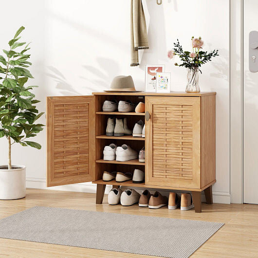 2-Door 4-Tier Shoe Cabinet Storage Organizer with Ventilated Woven Doors-Teak-3