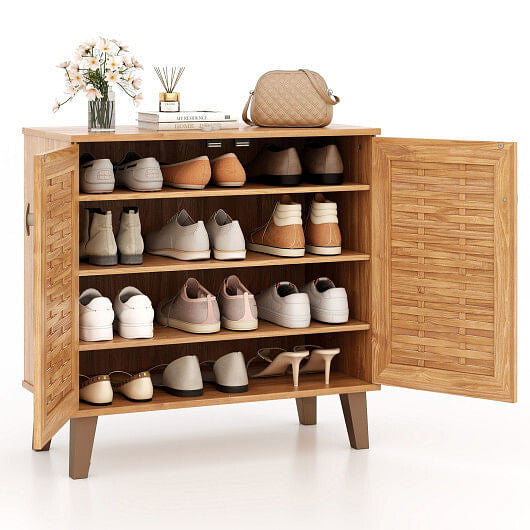 2-Door 4-Tier Shoe Cabinet Storage Organizer with Ventilated Woven Doors-Teak-4