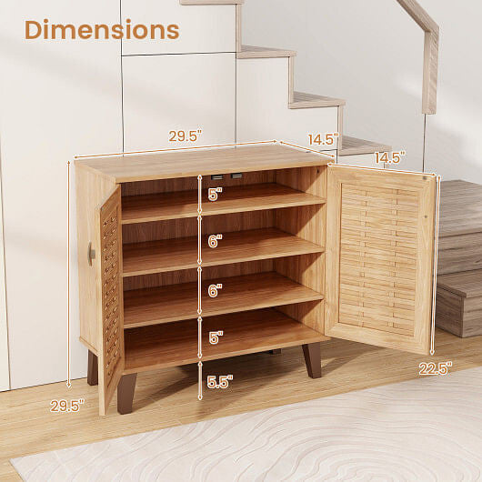 2-Door 4-Tier Shoe Cabinet Storage Organizer with Ventilated Woven Doors-Teak-2