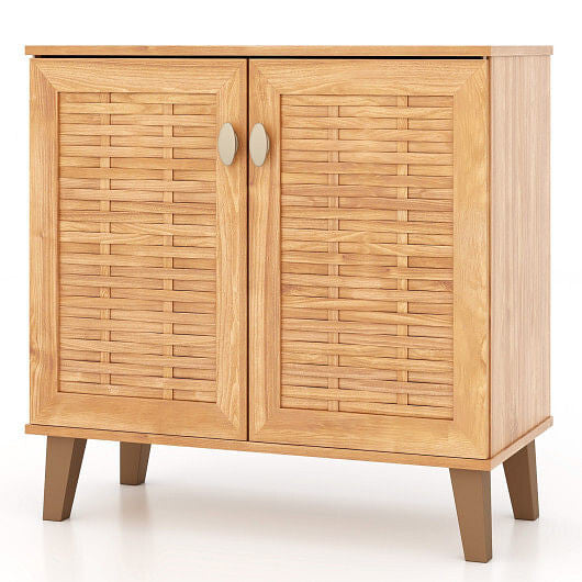 2-Door 4-Tier Shoe Cabinet Storage Organizer with Ventilated Woven Doors-Teak-0