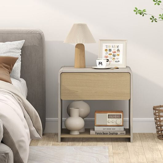 2-Tier Modern Style Nightstand with Drawer and Open Shelf-Oak-1