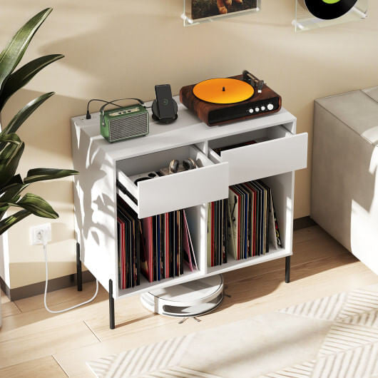 Record Player Stand with Power Outlets Double Wide Turntable Stand Vinyl Record Storage Table-White-1