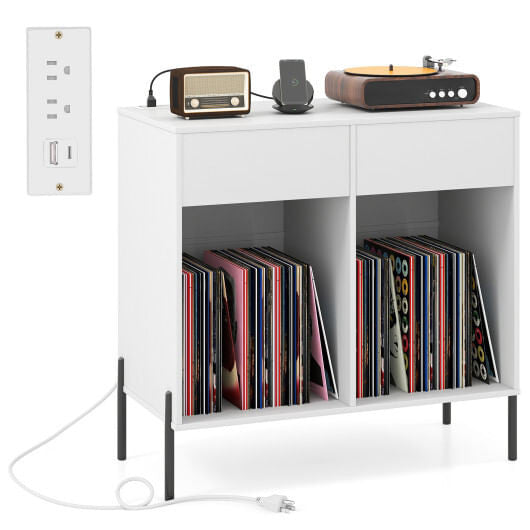 Record Player Stand with Power Outlets Double Wide Turntable Stand Vinyl Record Storage Table-White-2
