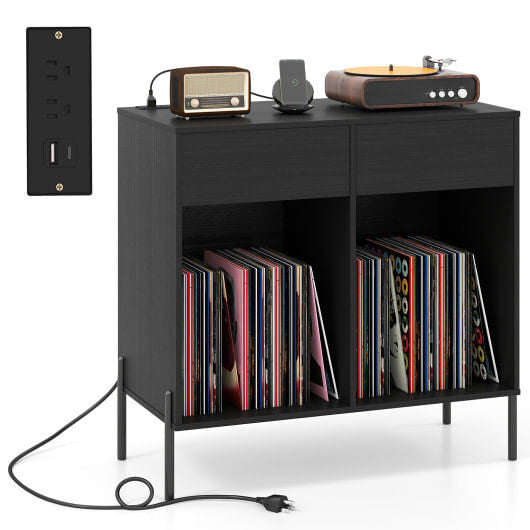 Record Player Stand with Power Outlets Double Wide Turntable Stand Vinyl Record Storage Table-White-4