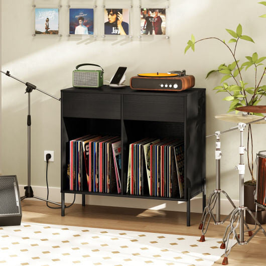 Record Player Stand with Power Outlets Double Wide Turntable Stand Vinyl Record Storage Table-White-5